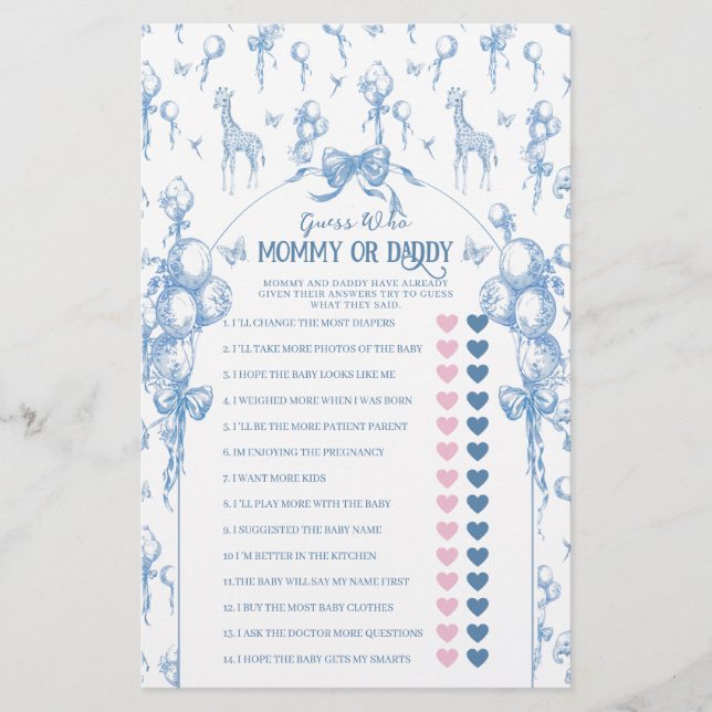 Boy Safari Animal Blue Baby Shower Mum Dad Game (Front)