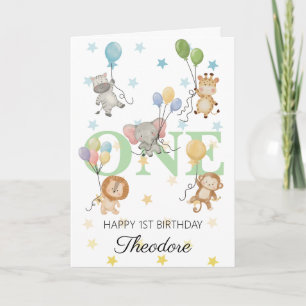 Boy Safari Animals 1st Birthday, Custom Name, Cute Card