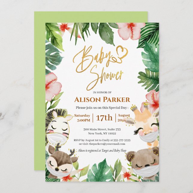 Boy Safari Animals Jungle Greenery Baby Boy Shower Invitation (Front/Back)