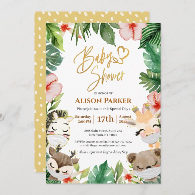 Boy Safari Animals Jungle Greenery Baby Boy Shower Invitation (Front/Back)