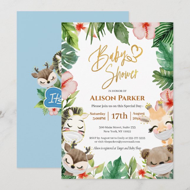 Boy Safari Animals Jungle Greenery Baby Boy Shower Invitation (Front/Back)