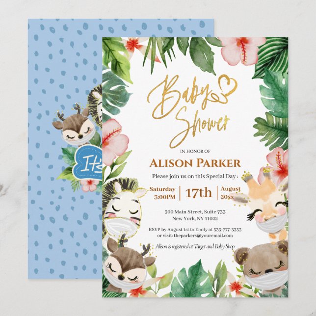 Boy Safari Animals Jungle Greenery Baby Boy Shower Invitation (Front/Back)