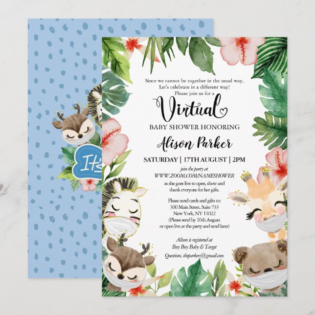 Boy Safari Animals Jungle Greenery Virtual Shower  Invitation (Front/Back)