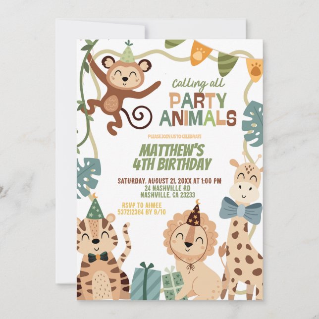 Boy Safari Birthday party animals invitation (Front)