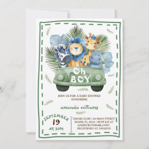  Boy Safari Car baby shower Invitation