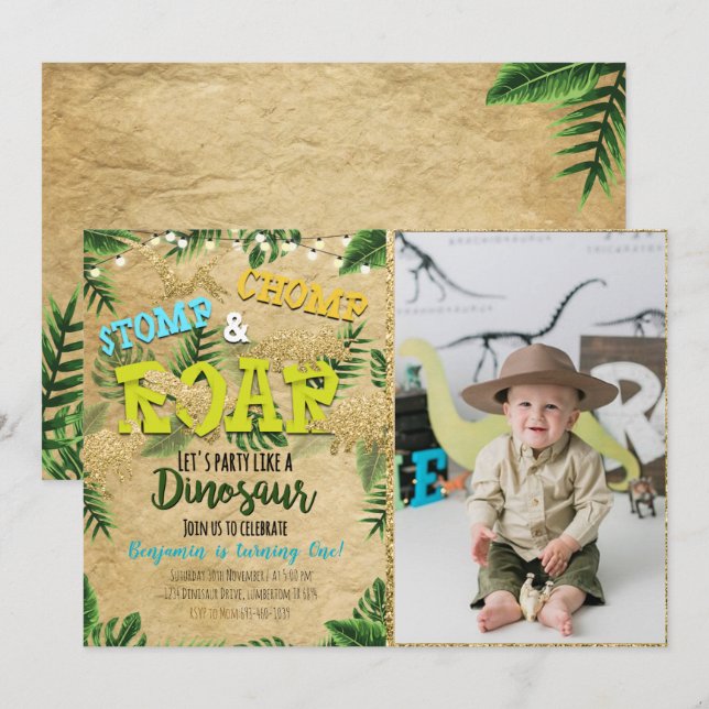Boy Safari Dinosaur Birthday Invitation With Photo (Front/Back)