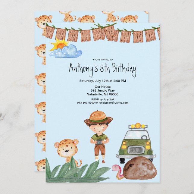 Boy Safari With Jeep In Jungle Birthday Invitation (Front/Back)