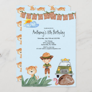 Boy Safari With Jeep In Jungle Birthday Invitation