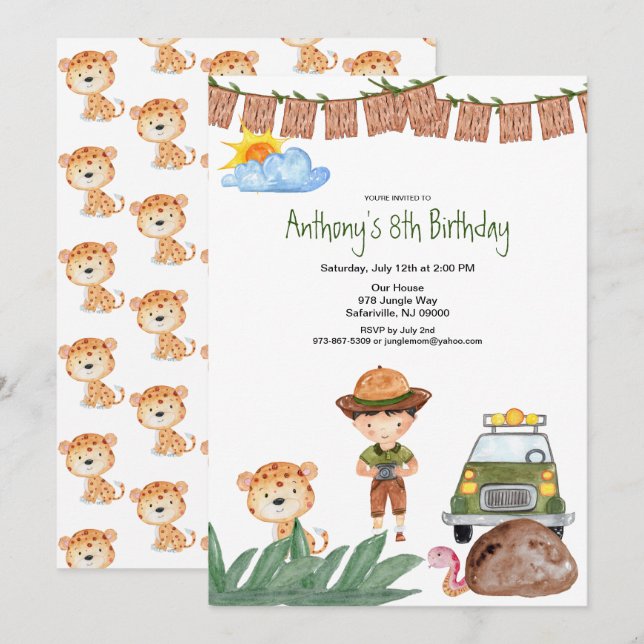 Boy Safari With Jeep In Jungle Birthday Invitation (Front/Back)