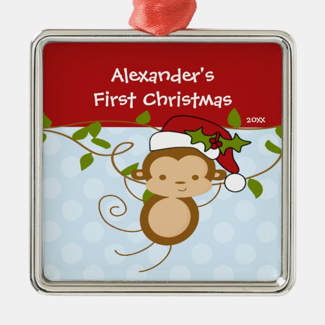 Boy Santa Monkey Baby's First Christmas Ornament (Front)