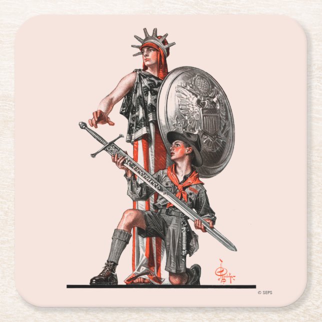 Boy Scout and Liberty Square Paper Coaster (Front)