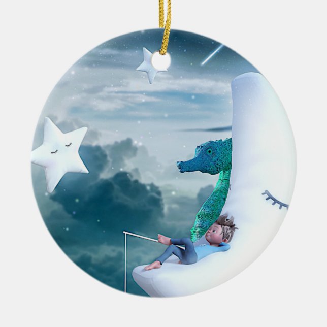 Boy & Seahorse Fishing on the Moon Ceramic Tree Decoration (Front)
