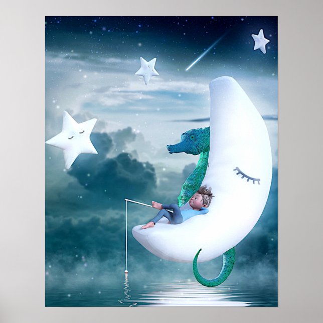Boy & Seahorse Fishing on the Moon Poster (Front)