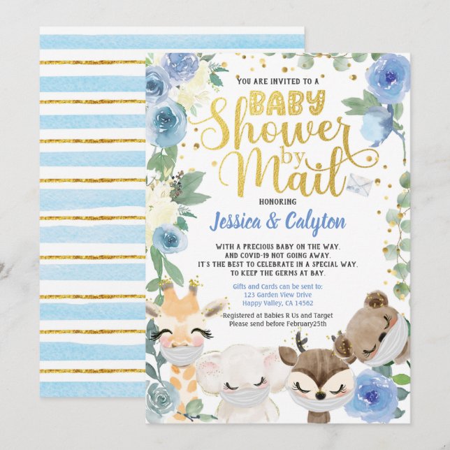 Boy Shower By Mail Pandemic Woodland Animals Mask Invitation (Front/Back)