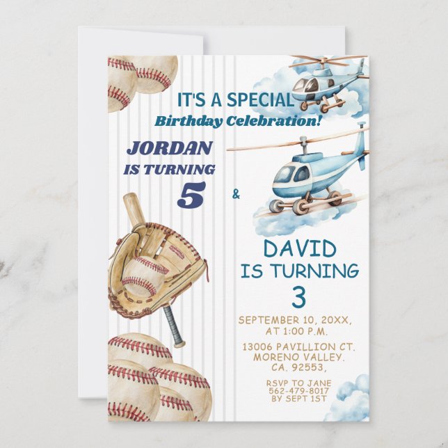 Boy Sibling Baseball and Aeroplane Joint Birthday Invitation (Front)