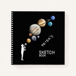 Boy Silhouette Blowing Bubble Planets Monogram Notebook