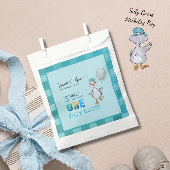Boy Silly Goose 1st Birthday Blue Plaid  Favour Bags (Boy Silly Goose 1st Birthday Blue Plaid Favor Bag)