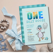 Boy Silly Goose 1st Birthday Blue Plaid Invitation