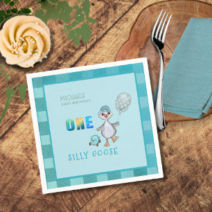 Boy Silly Goose 1st Birthday Blue Plaid  Napkin