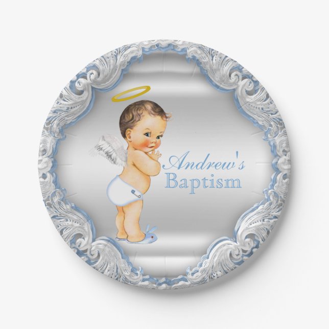 Boy Silver Blue Angel Baptism Paper Plate (Front)