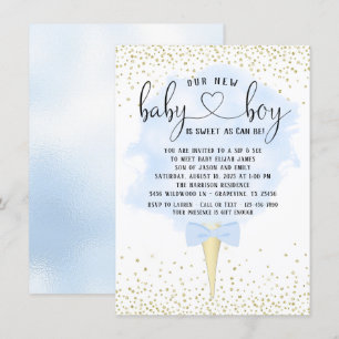 Boy Sip and See Blue Gold Cotton Candy Baby Shower Invitation