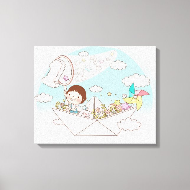 Boy sitting in paper boat canvas print (Front)