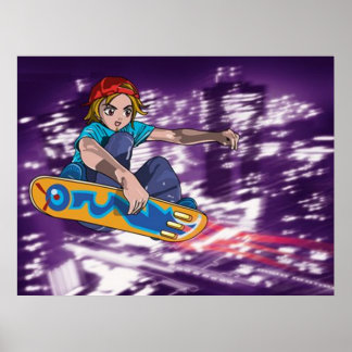 Boy Skateboarding Above a Futuristic City - Poster