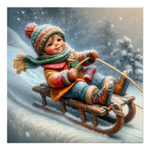 Boy Sledding Down a Hill Poster