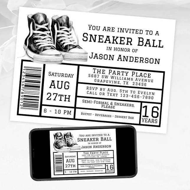Boy Sneaker Ball Birthday Party Invitation (Sneaker ball invitation with black sneakers box label style. Available instant download and print.)