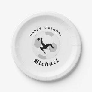 Boy Soccer Player Birthday Party Black & White  Paper Plate
