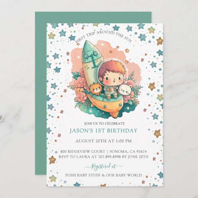 Boy Spaceship First Trip Around Sun 1st Birthday Invitation (Front/Back)