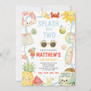 Boy SPLASH into TWO pool party birthday invitation