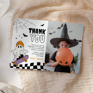 Boy Spooky Halloween Birthday Photo Thank You Card