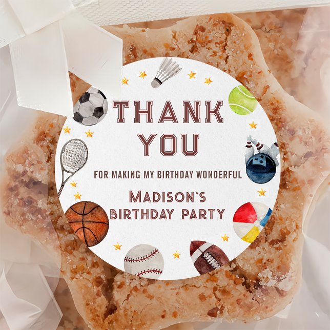 Boy Sports Ball Kids Birthday Thank You Classic Round Sticker (Creator Uploaded)