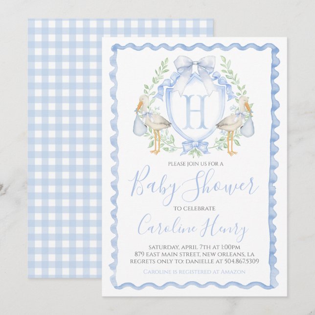 Boy Stork Baby Shower Preppy Gingham Blue Invitation (Front/Back)