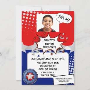 Boy Superhero, red, white, silver & blue birthday Invitation
