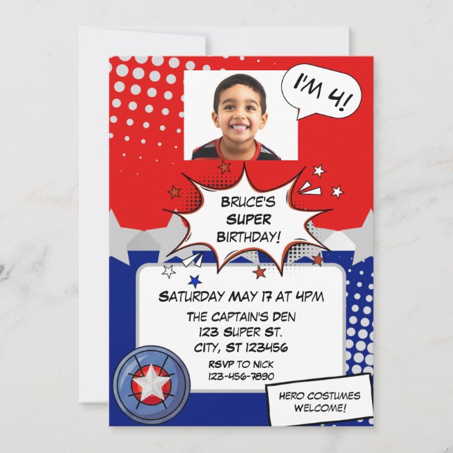 Boy Superhero, red, white, silver & blue birthday Invitation (Front)