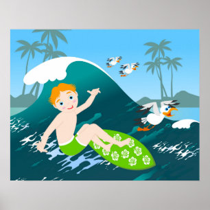 Boy surfs big wave Birthday Party Poster