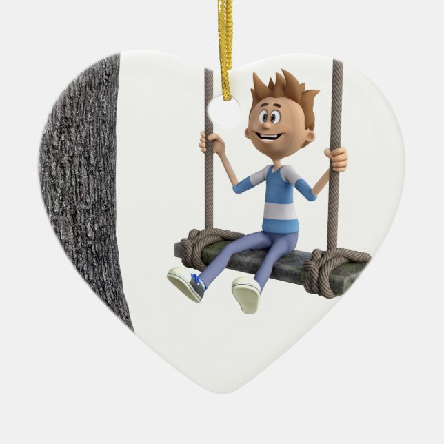 Boy Swinging on a Rope Swing Ceramic Tree Decoration (Front)