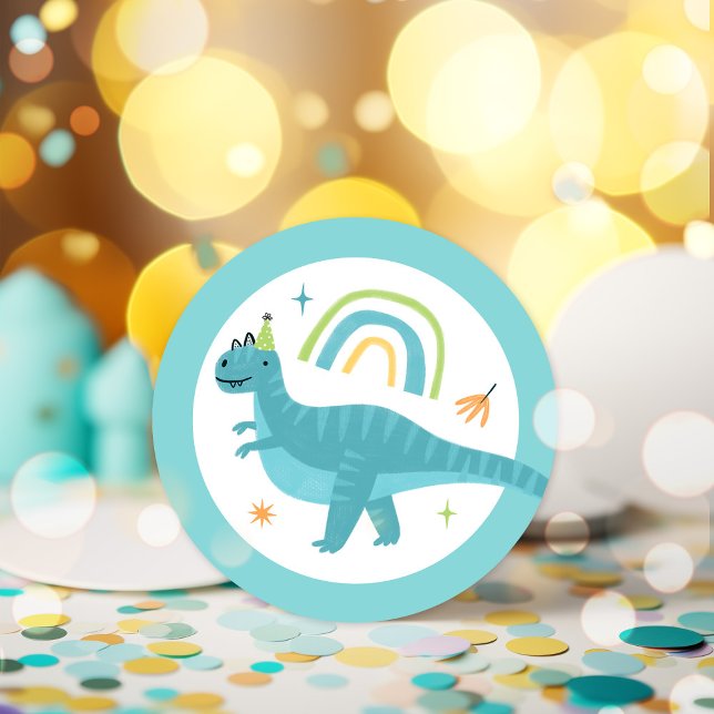 Boy T Rex Dinosaur Birthday Party Favours Classic Round Sticker (Creator Uploaded)