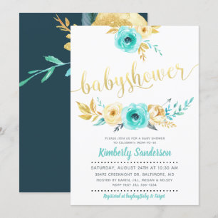 Boy Teal Blue Gold Floral Baby Shower Invitation