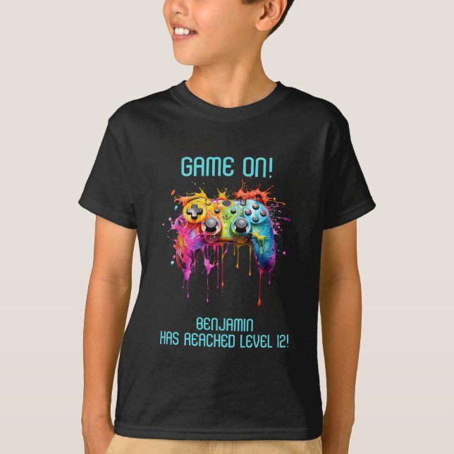 Boy Teal Level Up Video Game Party T-Shirt (Front)