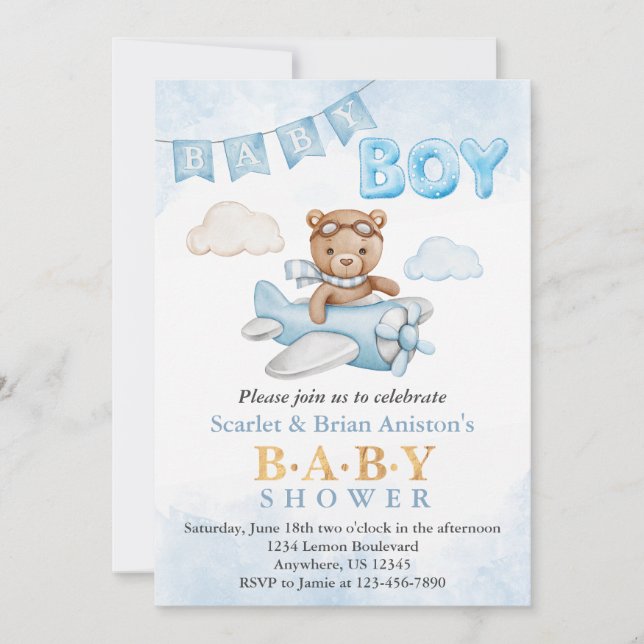 Boy Teddy Bear Aeroplane Baby Shower Invitation (Front)