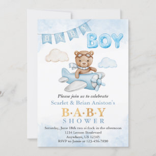 Boy Teddy Bear Aeroplane Baby Shower Invitation