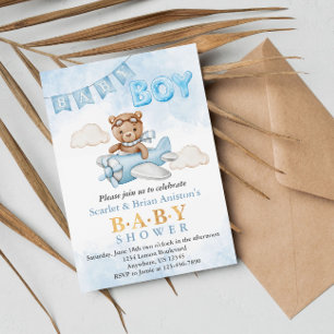 Boy Teddy Bear Aeroplane Baby Shower Invitation