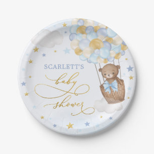 Boy Teddy Bear Baby Shower Blue Gold Stars Party Paper Plate