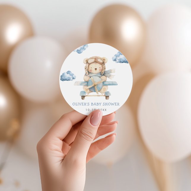 Boy Teddy Bear Baby Shower Classic Round Sticker (Creator Uploaded)