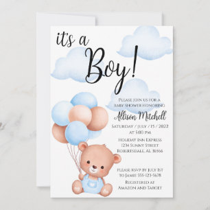 Boy Teddy Bear Baby Shower Invitation