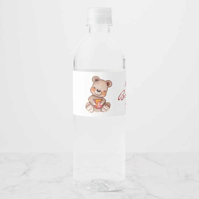 Boy Teddy Bear  Baby Shower Water Bottle Label (Front)