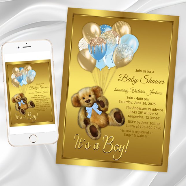 Boy Teddy Bear Balloon Baby Shower Invitation (Boy teddy bear balloons baby shower invitation. Instant download and printed invitations available.)